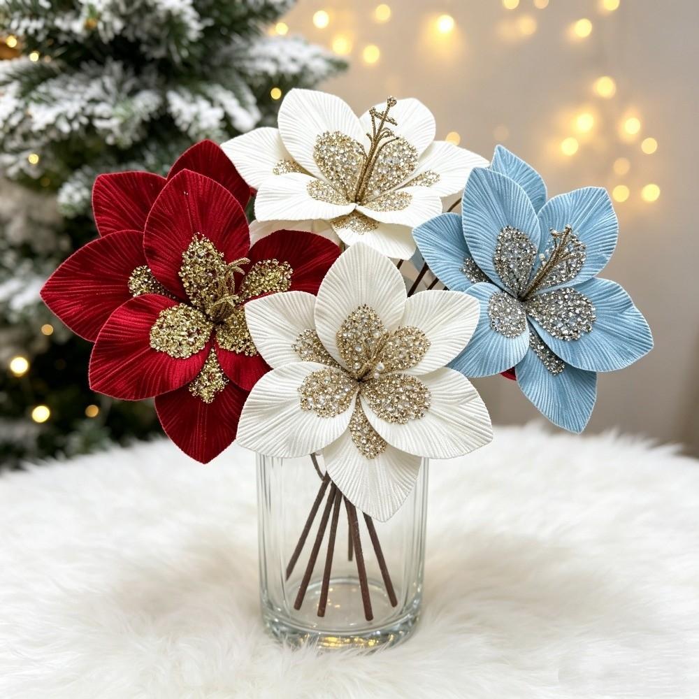 1PC Glitter Sequin Christmas Fake Flowers Flannel Magnolia Flowers Xmas New Year Decor