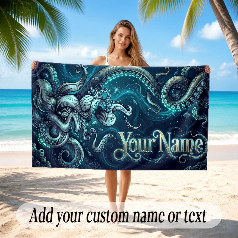 Octopus Sea Life Theme Soft Beach Towel Personalized Custom Name Text Towel Portable for Beach Pool Travel
