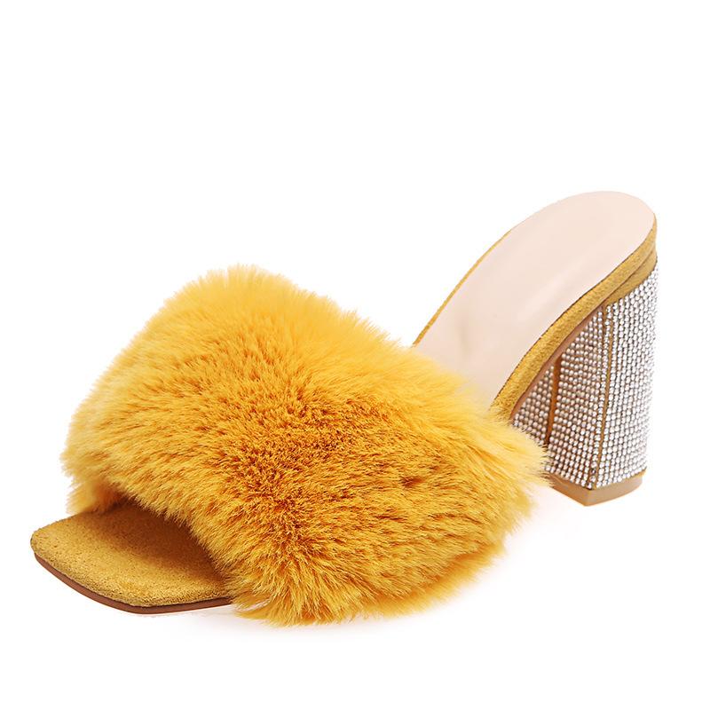 Thick Heel Pink Fuzzy Slippers for Women Silver Rhinestone High Heel Sandals Sexy Ladies Party Shoes