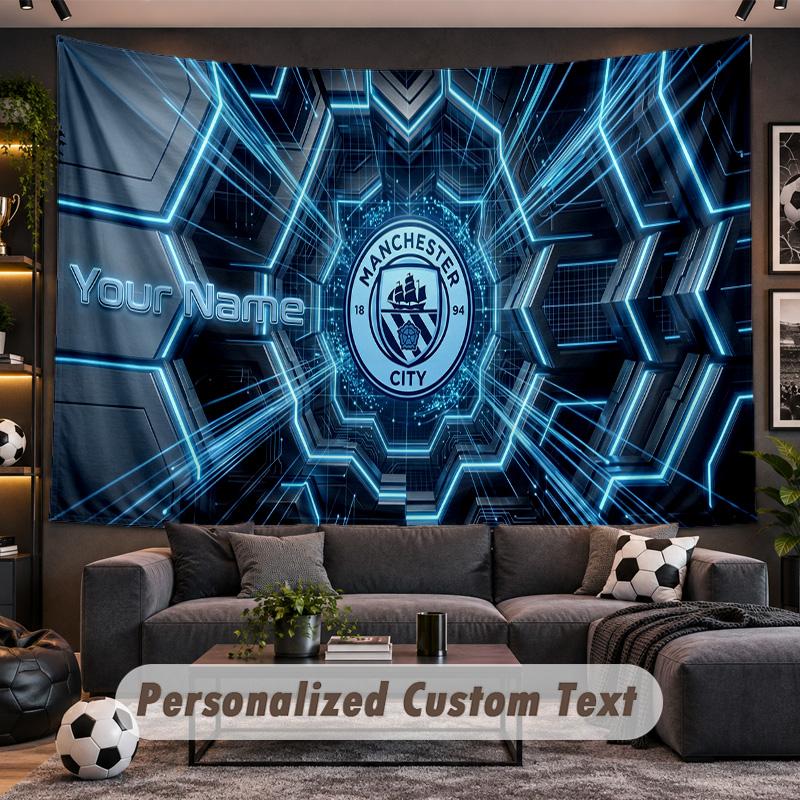 Manchester City Personalized Tapestry Support Custom Name, Wall Art Home Decoration