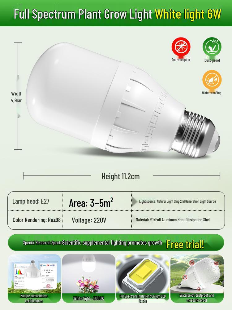 Светодиодная лампа полного спектра для выращивания комнатных растений, цоколь E27, имитация солнечного света.