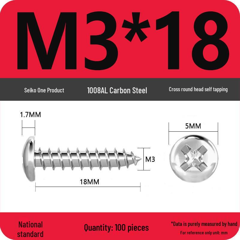 Galvanized Self-Tapping Screws, Round Head, White Zinc, PA Cross Pan, Pointed Tail M1.2-M4