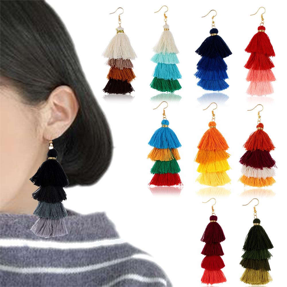 Ethnic Gradient Boho Ear Stud Dangle Drop Earrings Multilayer Drop Long Tassel Earrings Bohemian