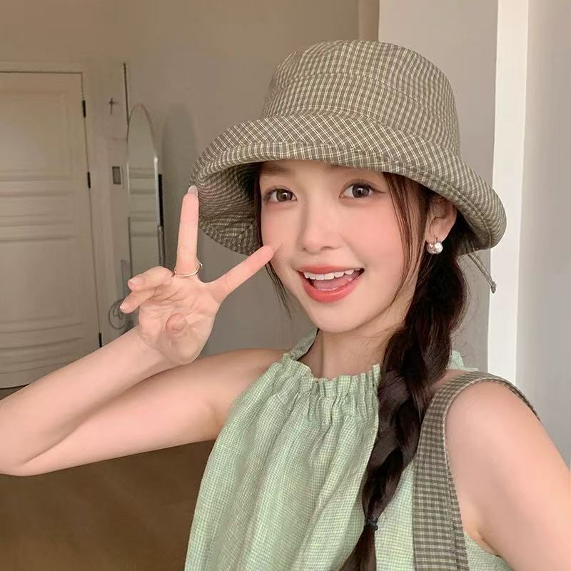 Fisherman'S Hat Japanese Plaid Women'S Bow Summer Versatile Large Brim Sun Protection Hat Sunshade Basin Hat