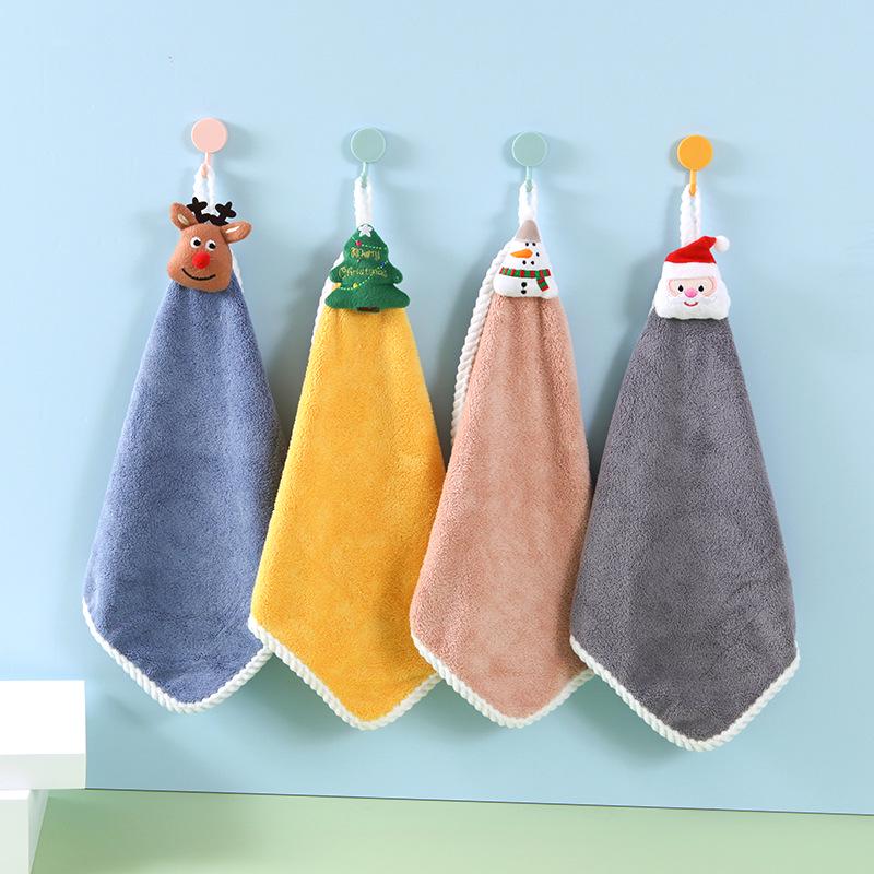 Christmas Cartoon Coral Fleece Hanging Hand Towel - Absorbent for Kitchen & Bathroom