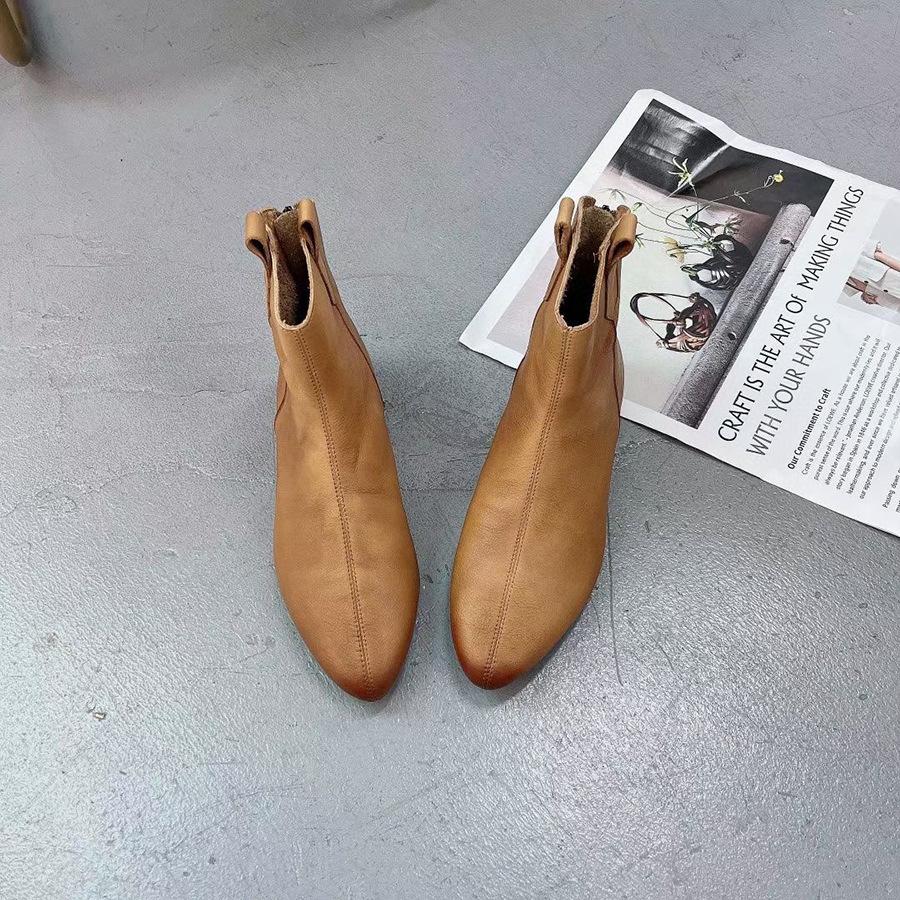 Johnature Женские полусапоги в стиле ретро, ​​однотонные туфли из натуральной кожи, ботильоны ручной работы с круглым носком на молнии сзади