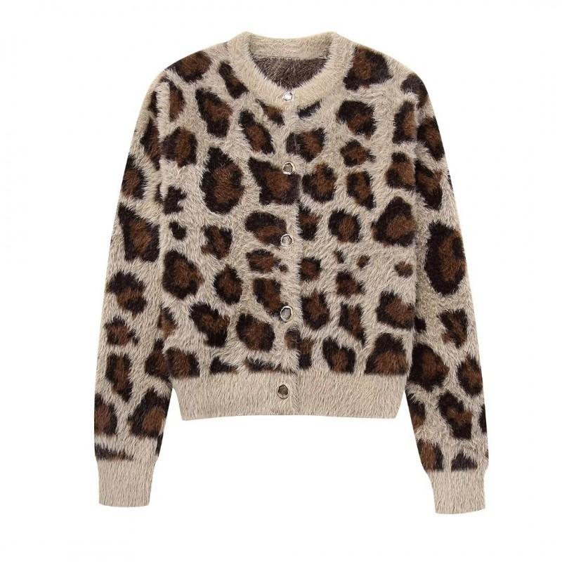 Womens Round Neck Animal Print Faux Fur Knit Coat Streetwear