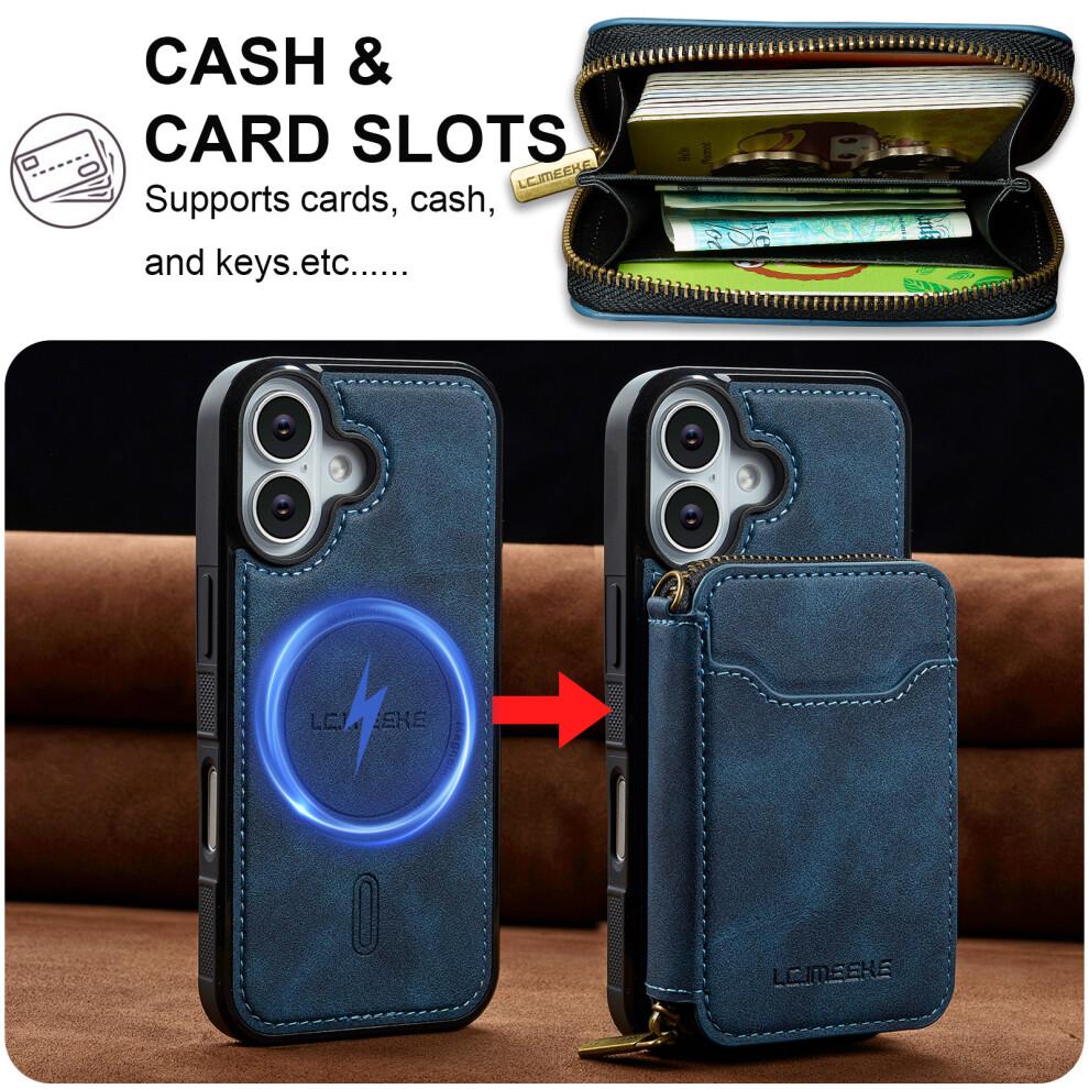 (iPhone 16 Plus, Blue)  For iPhone 16 Plus Magnetic Case Detachable Zipper Wallet Leather Coated PC+TPU Phone Cover