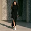 Womens Minimalist Elegant Stand Collar Long Sleeve Midi Dress Solid Color Slim Fit Casual Daily Wear