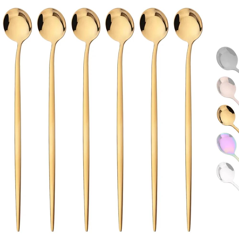 6 шт. Ложки для перемешивания кофе Набор столовых приборов Посуда Ложки для чая Сок Черное золото Посуда Ложка с длинной ручкой для мороженого Кухонные инструменты