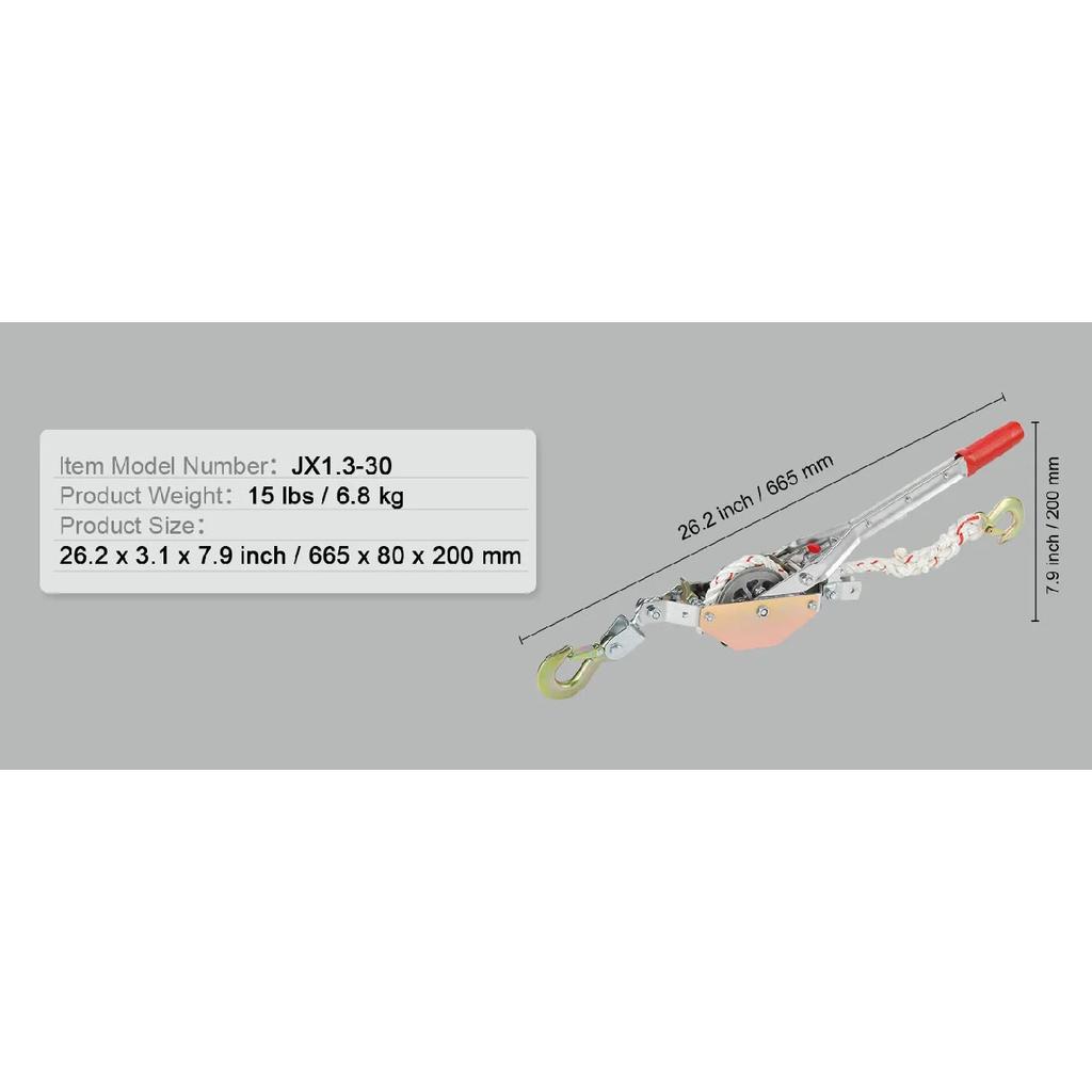 SucceBuy Rope Puller 3/4 T 1653lbs Pulling Capacity with 100' 0.6" diameter Rope 2 Hook Come Along Winch Heavy Duty Puller Tool