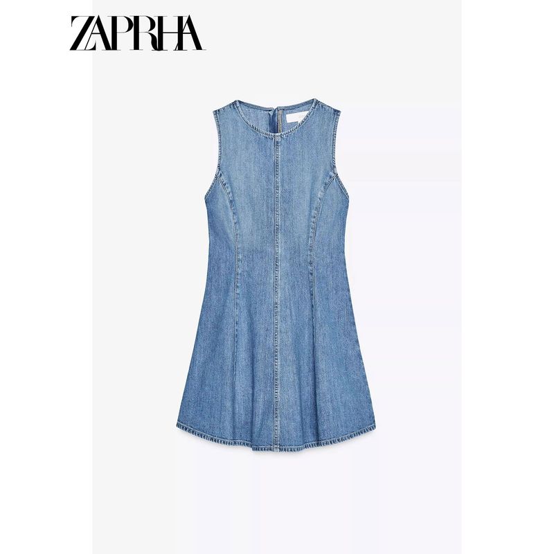 Zaprha 2025 New Arrival Waist-Tight Slim Looking A- Shaped Small Wavy Style Wide Hem Denim Dress 3607080