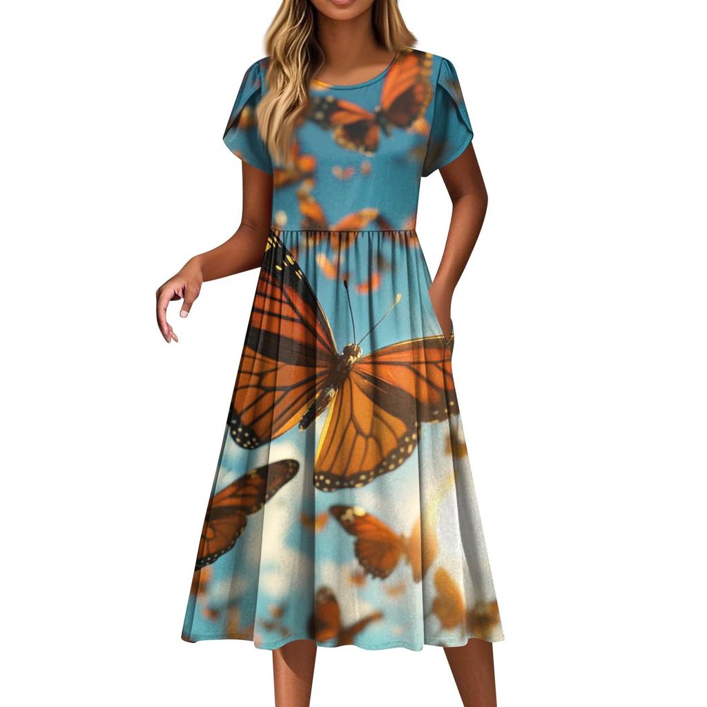 Women's Fashion Casual Loose Printed Round Neck Pocket Short Sleeve Dresses