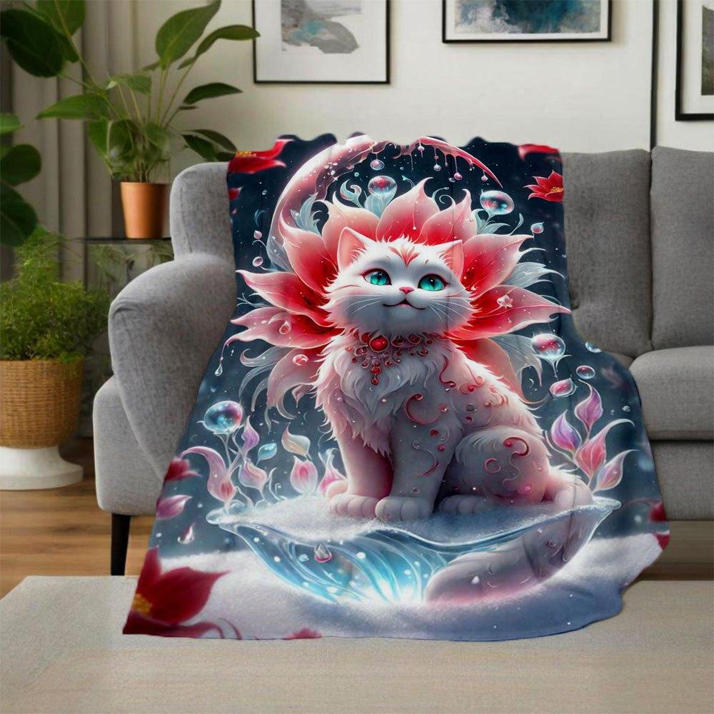 "Enchanted Floral Fantasy Cat Art Print"Blanket Flannel Throw Blanket for Sofa, Bed, Travel, Camping, Office, Couch, Chair, And Bed Gift for
