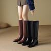 Krazing Pot Cow Skin Autumn Winter Shoes Riding Boots Round Toe Keep Warm Metal Square Buckle Med Heels Thigh High Boots