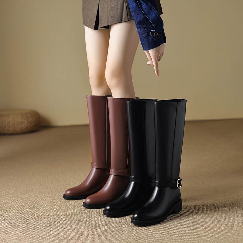 Krazing Pot Cow Skin Autumn Winter Shoes Riding Boots Round Toe Keep Warm Metal Square Buckle Med Heels Thigh High Boots
