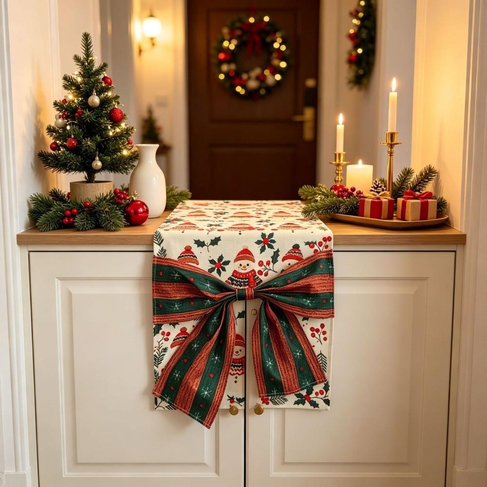 Bow Christmas Table Flag Snowflake Xmas Tablecloth Retro Christmas Table Runner Living Room