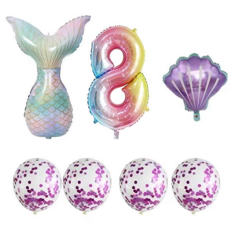 Набор из 7 предметов, набор воздушных шаров с градиентной фиолетовой русалкой, размер 0-9, 32-дюймовый градиентный цифровой воздушный шар с русалкой, воздушный шар для украшения праздника, дня рождения, свадьбы