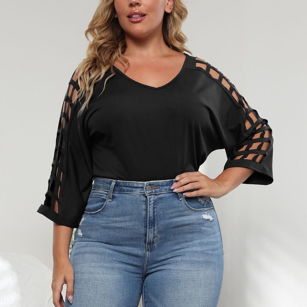 Женский летний повседневный модный сексуальный удобный свободный топ большого размера с полым v-образным вырезом, однотонный топ с рукавами три четверти