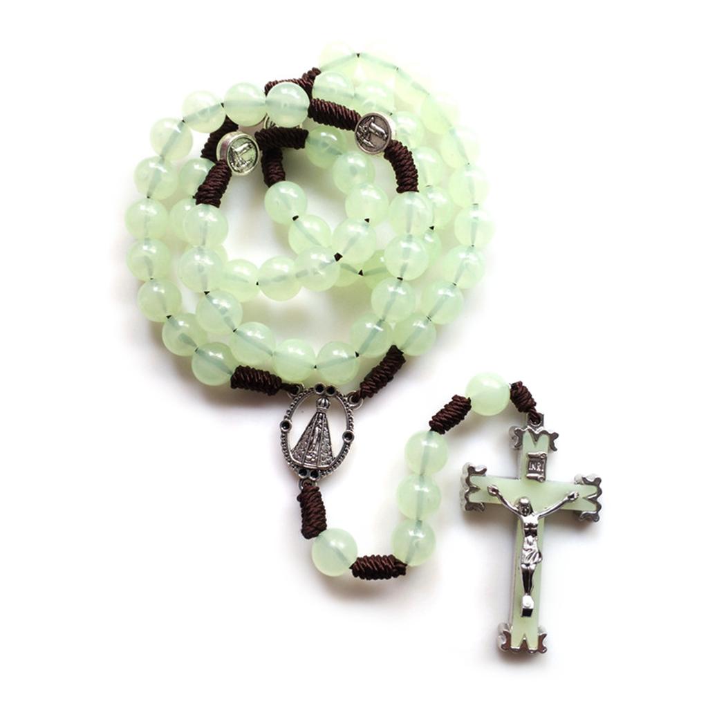 10mm Rosary Beads Luminous Necklace Jesus Crucifix for Cross Pendant Necklaces Glow In Dark Religious Jewelry for Men Wo