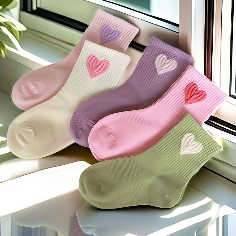 5 Pairs Kids' Cartoon Heart Stripe Socks, Polyester Spandex Knit Fabric, for Girls, Student Dance, Spring Summer Autumn