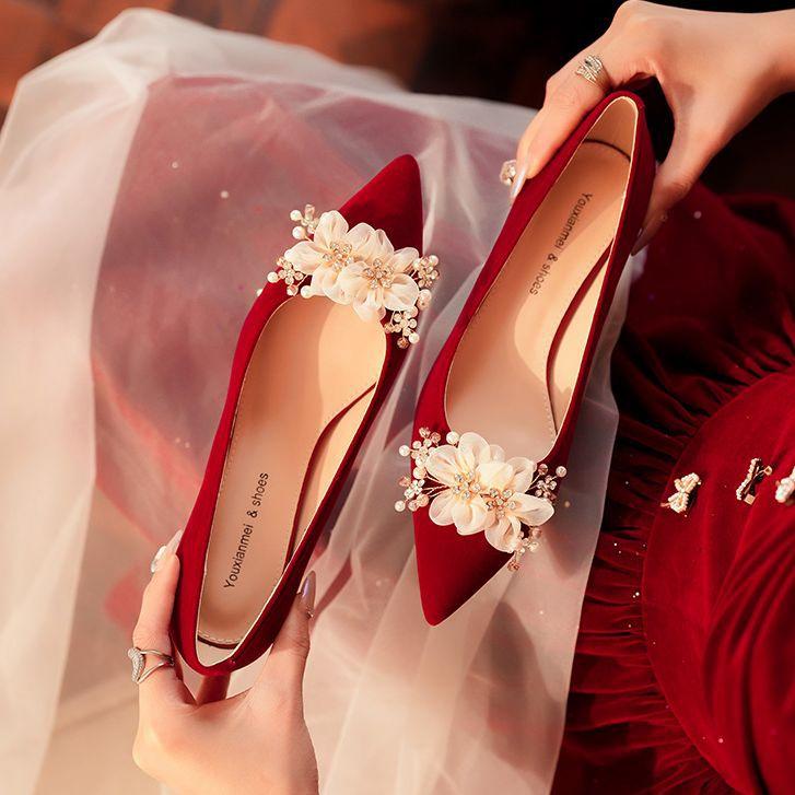 Туфли на низком каблуке из замши с острым носком красного цвета на высоком каблуке удобные женские туфли для торжественных случаев свадебные туфли банкетные туфли