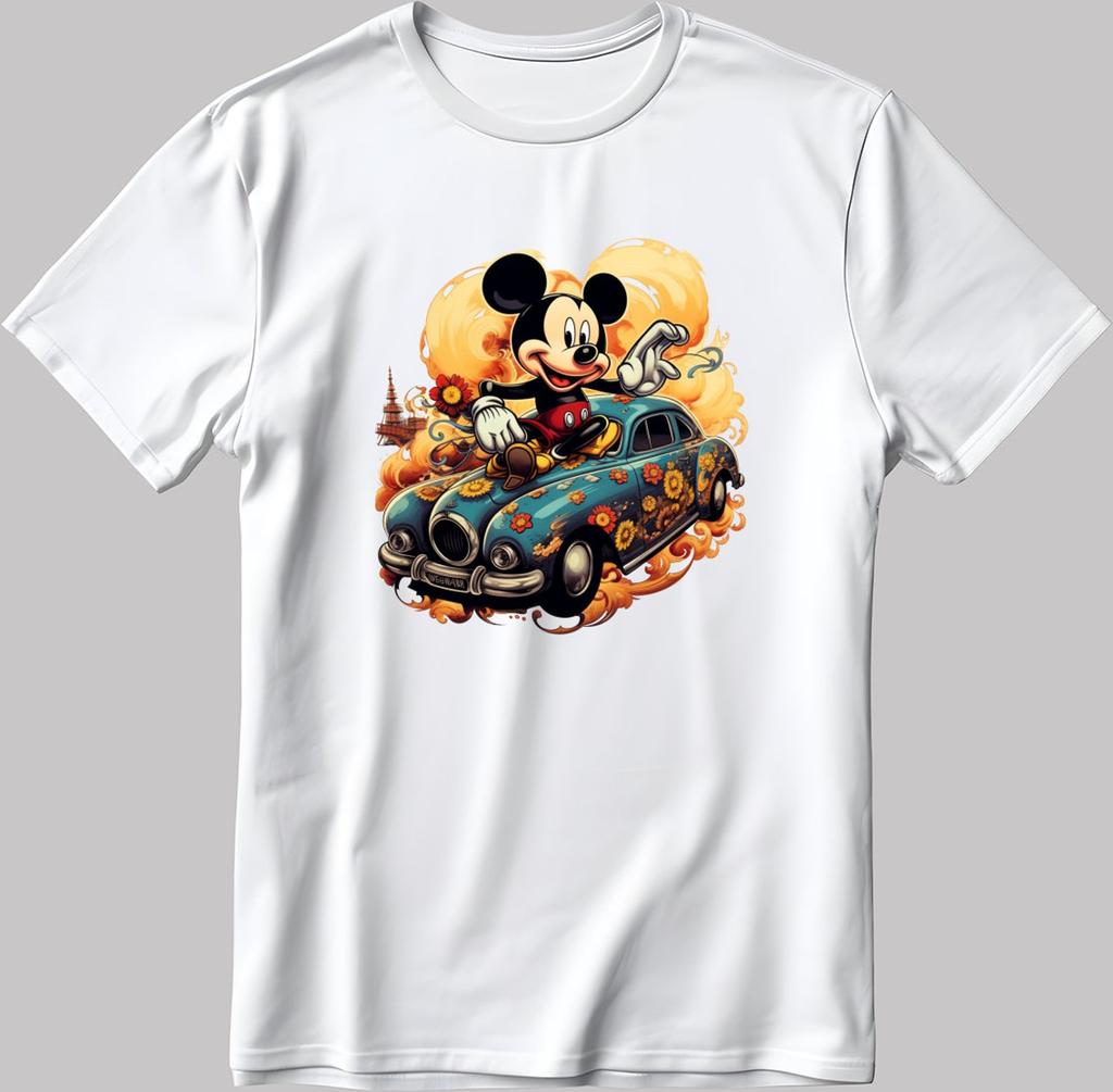 Mickey Mouse Vintage Car Short Sleeve White-Black Men's / Women's T Shirt N185