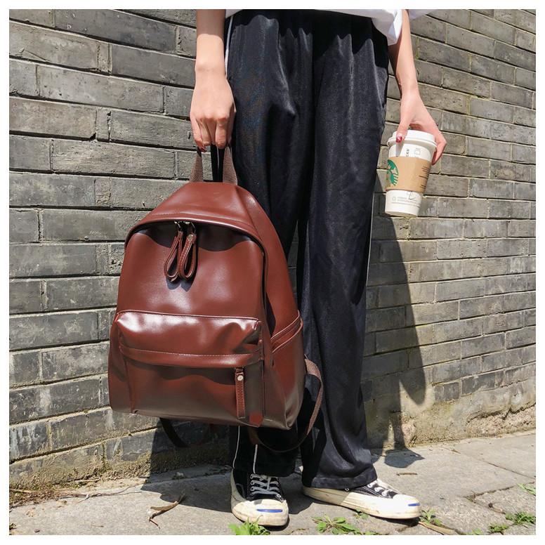 Ielgy Backpack Large Capacity Solid Color PU Leather Backpack