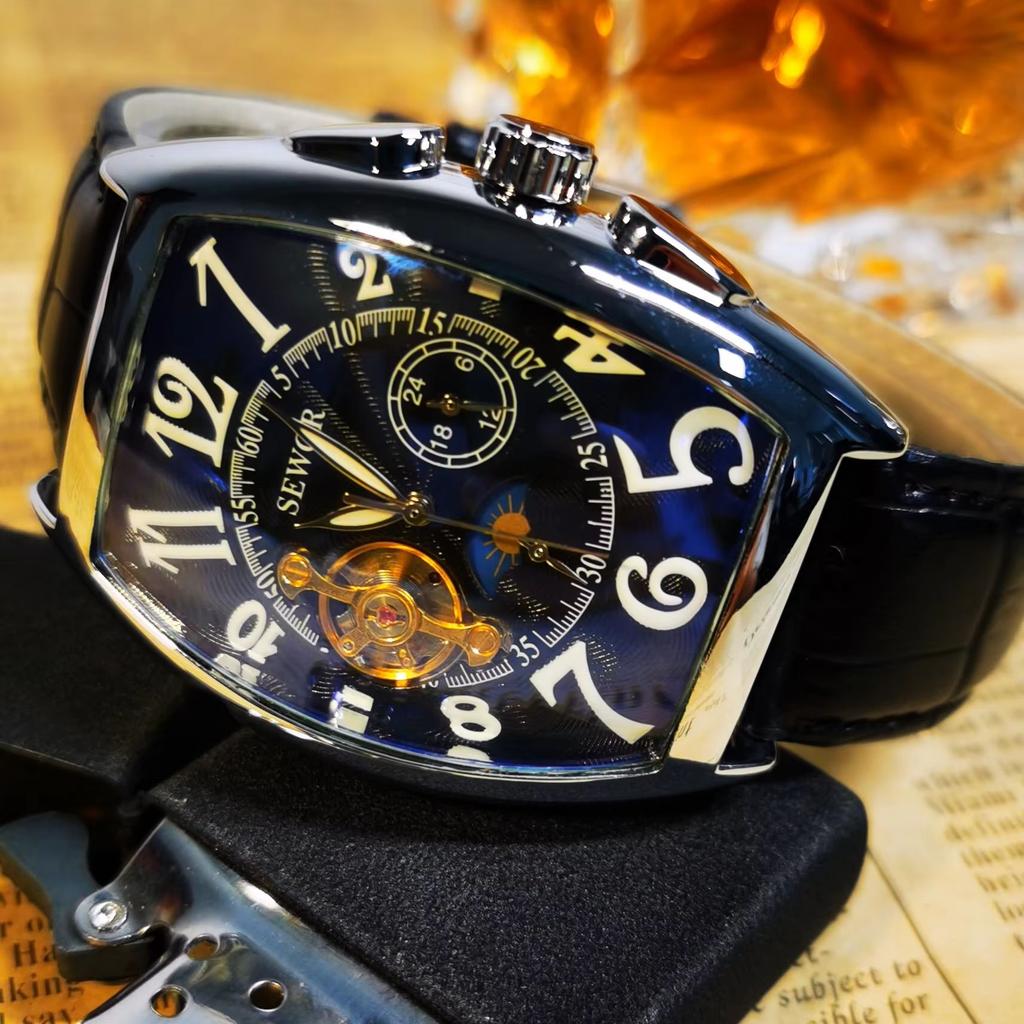 SEWOR Luxury Gold Automatic Watch for Men Tourbillon Moon Phase Skeleton Mechanical Watches Brown Genuine Leather Strap Luminous