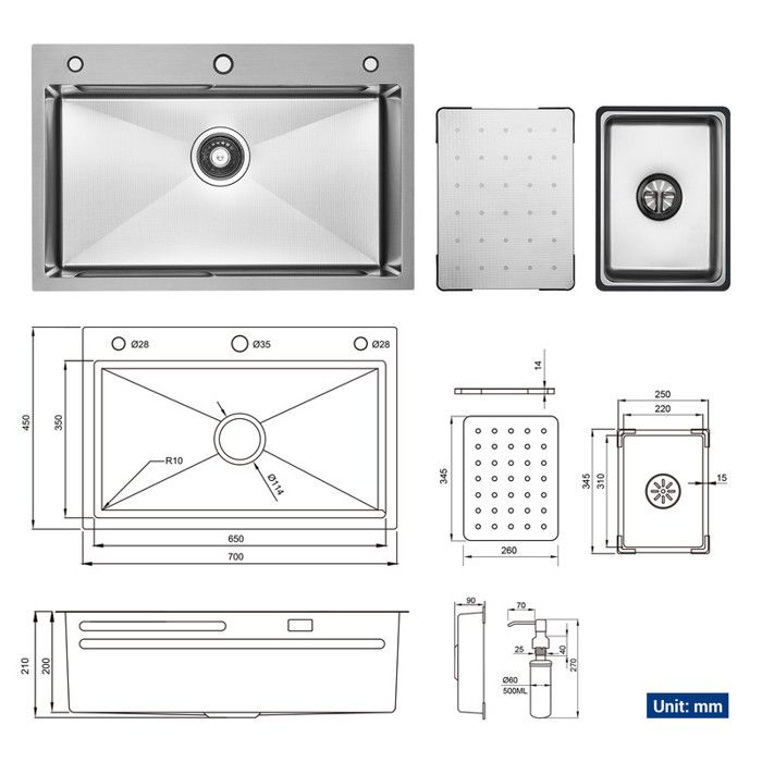 Évier de cuisine - Inox - 70x45cm - Mitigeur extractible - Distributeur de savon - Argent
