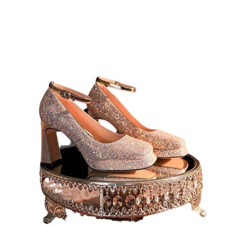 Водонепроницаемый стол толстый каблук новые туфли Мэри Джейн кристаллы односложная пряжка свадебные туфли невесты туфли маленькие квадратные головки высокие каблуки женские