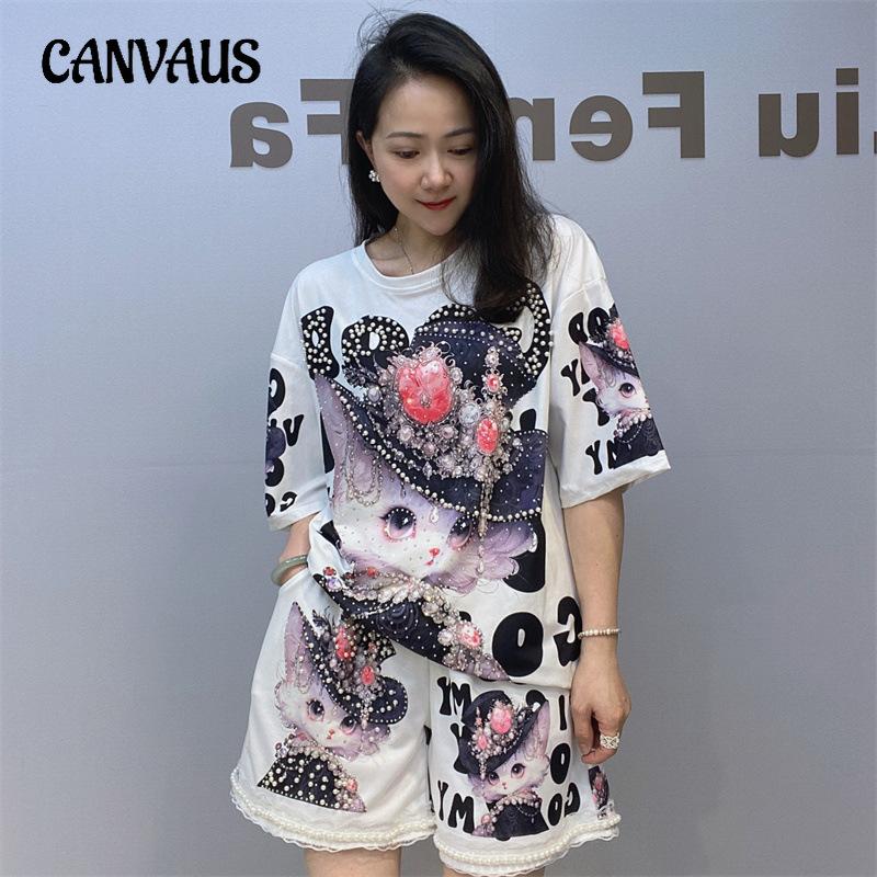 Летний женский комплект из футболки с бисером, большого размера, с 3D-принтом, с короткими рукавами и шортами