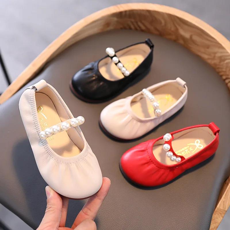 2024 Children Leather Shoes for Girls Autumn New Fashion Princess Elegant Chic Beading Soft Comfortable Versatile Dress Shoes