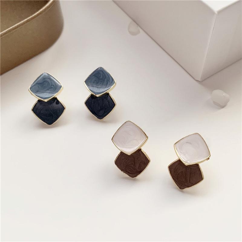 Enamel Blue Double Square Contrasting Color Stud Earrings for Women Modern Korean Fashion Cute Girl Geometry Zircon Accessories