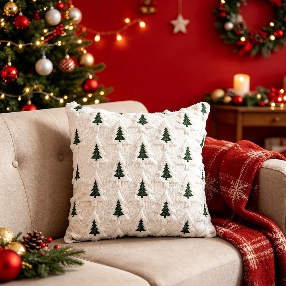 Embroidered Throw Pillow Covers Christmas Tree Decorative Pillowcase Sofa Decor
