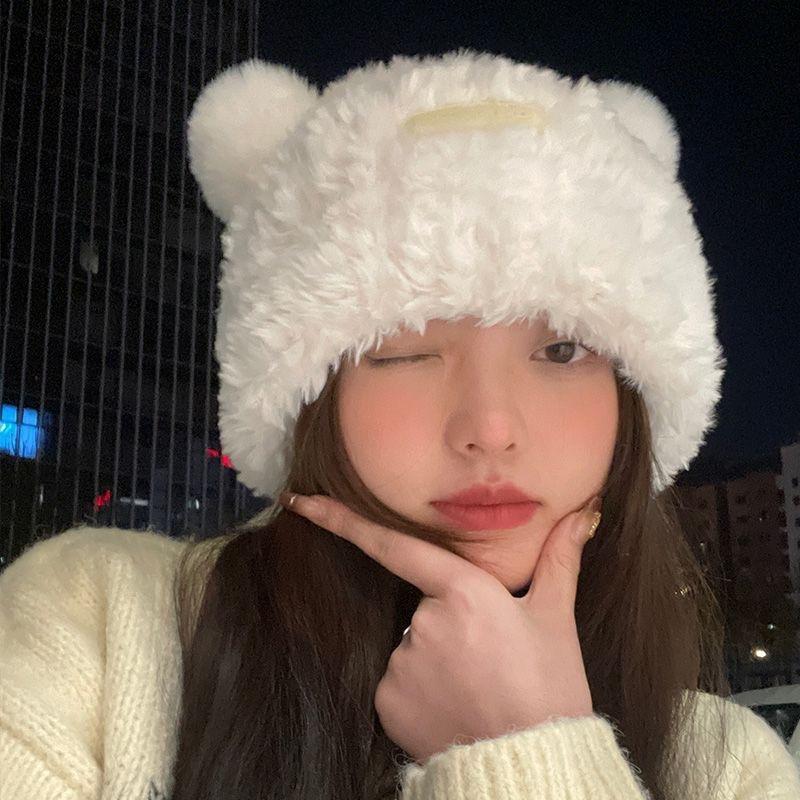 Cute Bear Wool Hat Women's Winter Thickened Plush Warm Plush Bald Hat Autumn and Winter Big Head Circumference Knitted Hat