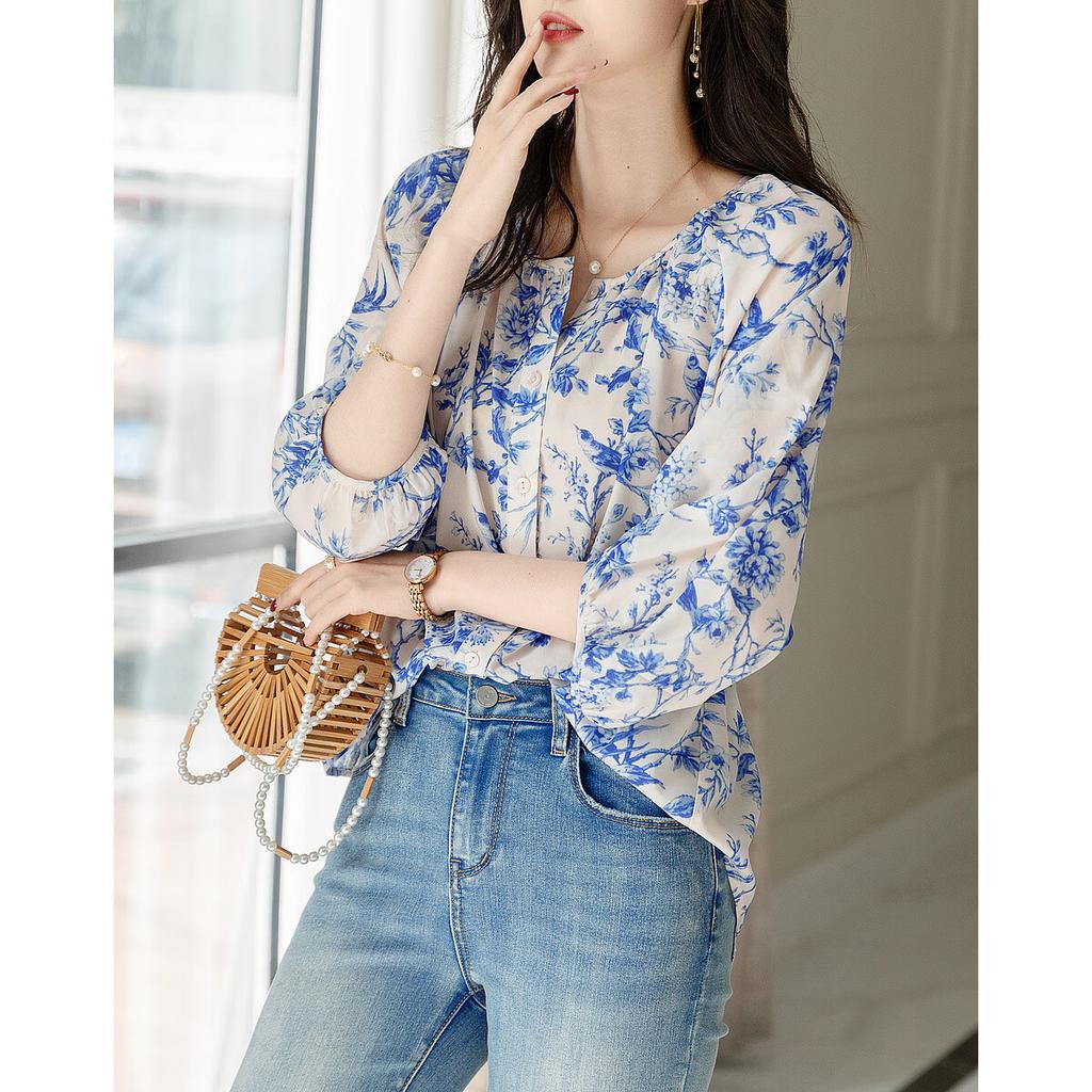 Dme [Deep Blue Eternal] Spring And Autumn Korean-Style Instagram-Style Printed Blouse with Puff Sleeves, Slimming And Elegant Women's Shirt