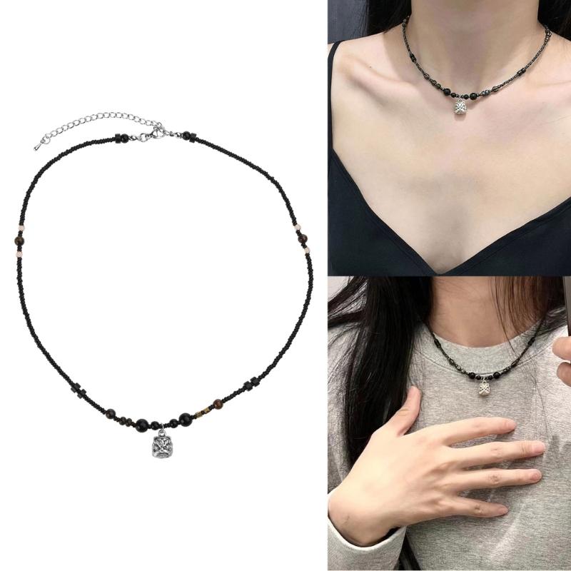 Dainty Lion-Pendant Necklace Tiny Beaded Chain Choker Chinese Style Lion-Charm Clavicle Chain Chinese Style Jewelry Gift