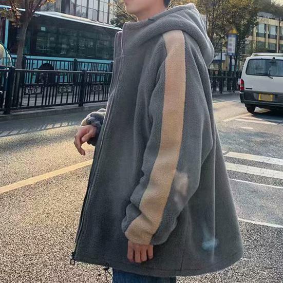 Мужская куртка с капюшоном, зимняя теплая толстая толстая искусственная шерпа, подол с завязками контрастного цвета, карман на молнии с длинными рукавами, свободная посадка, негабаритное студенческое мужское повседневное пальто