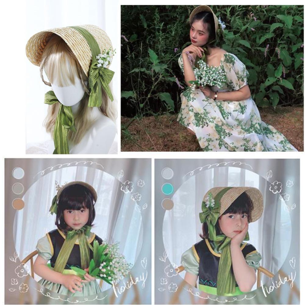 French Rural style Lolita Straw Hat Ribbon Bow Ruffle Lace Girl Sun Hat Handmade With Strap Ribbon Flower Flat Top Hat