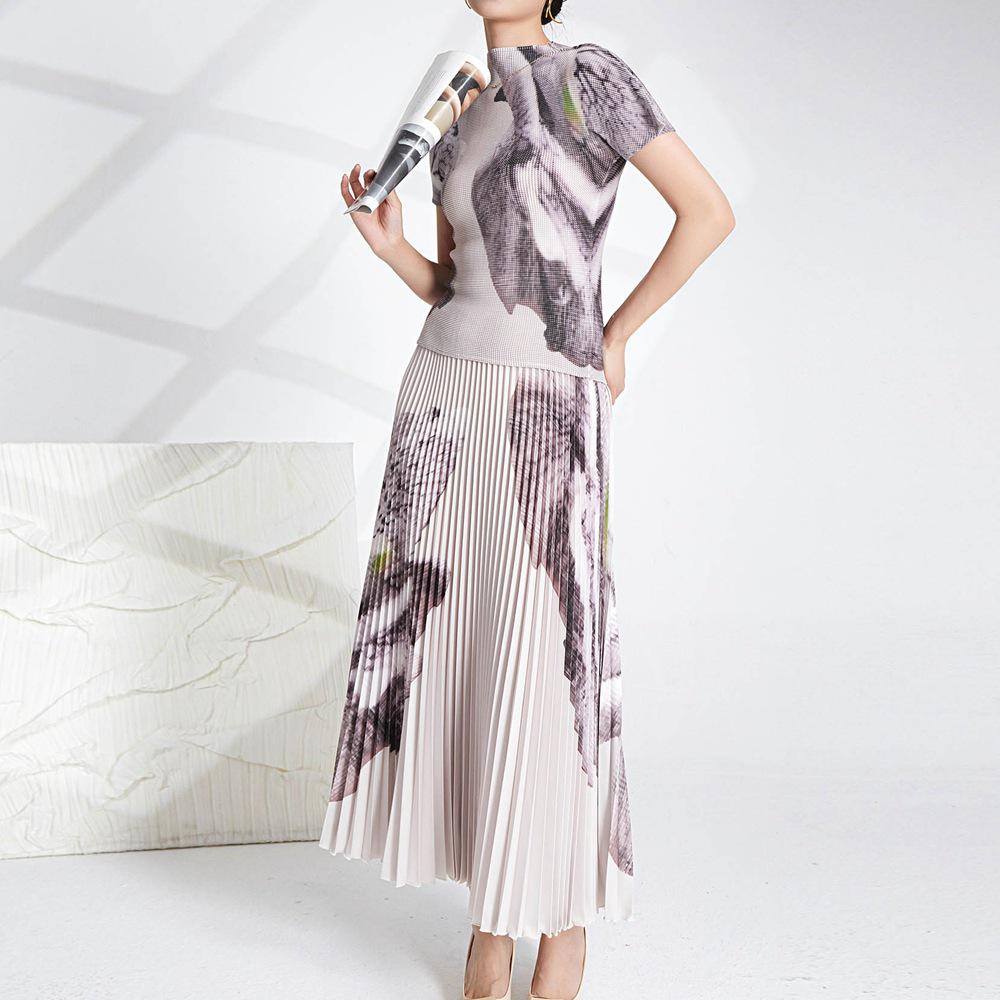 Женский костюм Western High-End с цветочным принтом и плиссированной юбкой - серия Miyake Me