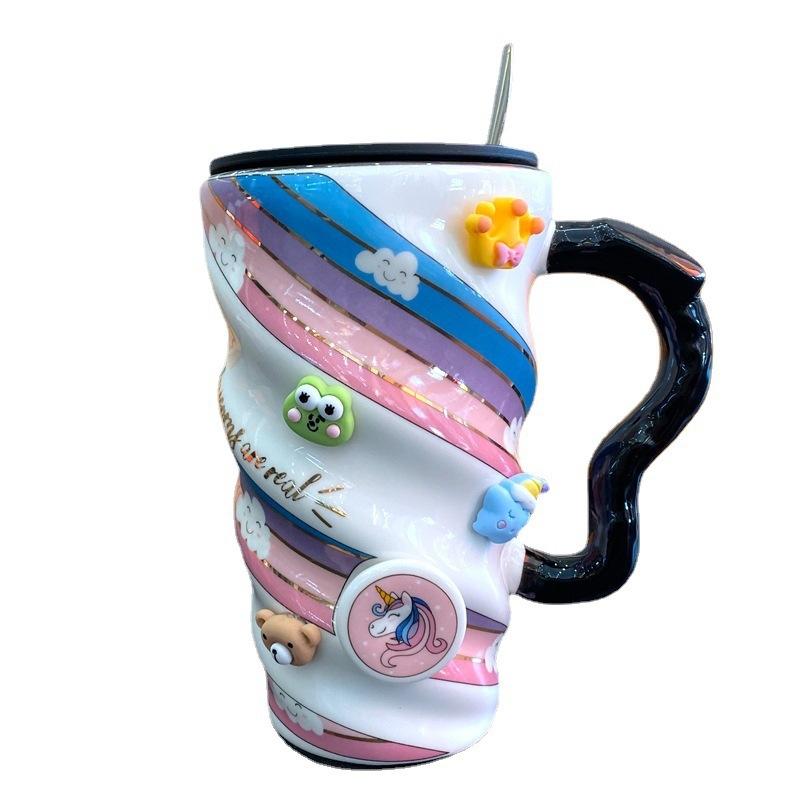 Милая керамическая кружка с радужным единорогом, с крышкой и ложкой, чашка для питья воды с сердечком для девочки, офисная кофейная чашка