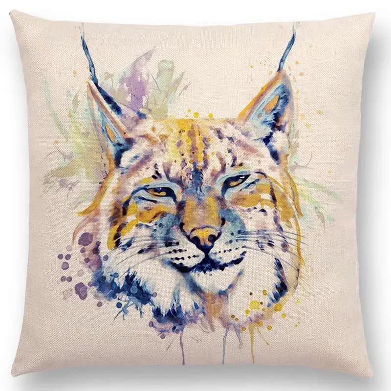 Watercolor Animals Cushion Cover Portrait Head Bighorn Lion Leopard Tiger Bear Eagle Horse Dogs Home Sofa Throw Pillow Case