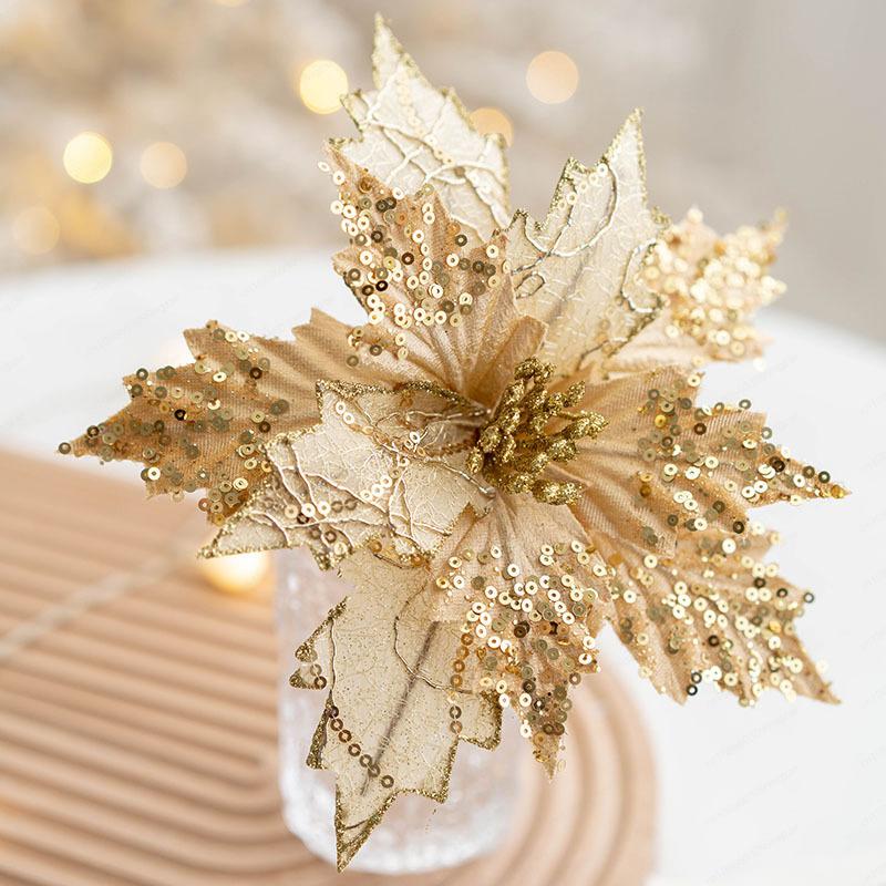 Christmas flower gold simulation Christmas tree decoration flower 20cm sequined flannel home decoration