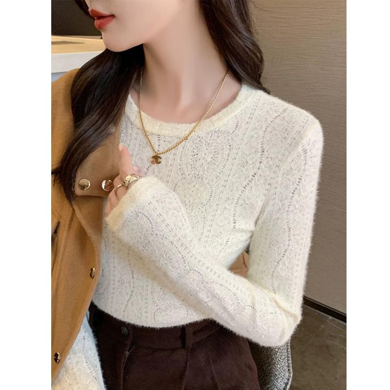 Женская одежда весна осень корейская мода элегантный кружевной ажурный базовый топ женский однотонный O-образный вырез длинный рукав тонкий пуловер топы