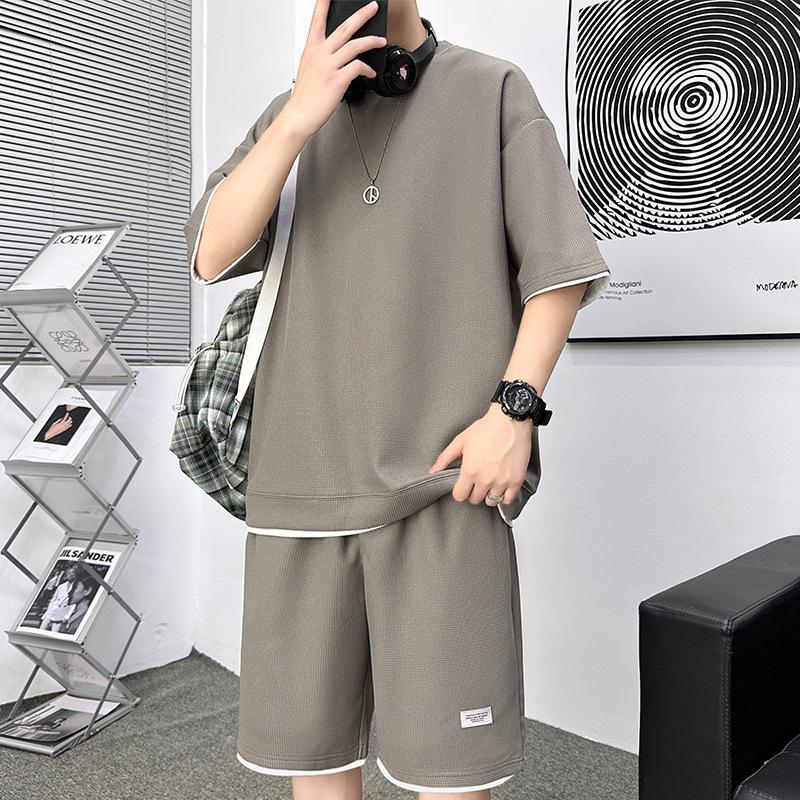 Костюм вафельный летний мужской с короткими рукавами футболка шорты тонкий