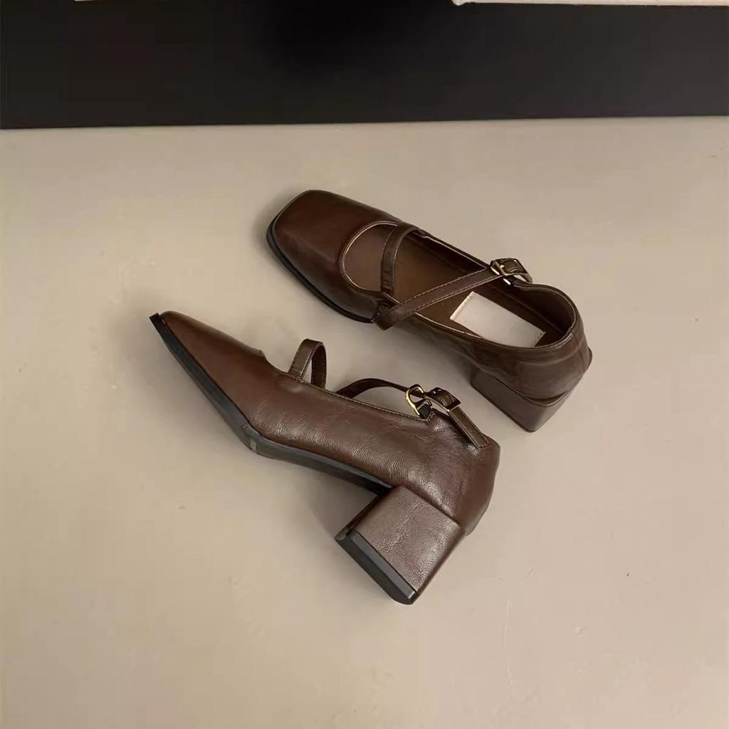 Thick Heel Mary Jane Small Leather Shoes Women's British Spring and Autumn New Light Mouth Single Shoes Women's French Retro Square Head High Heel Sho