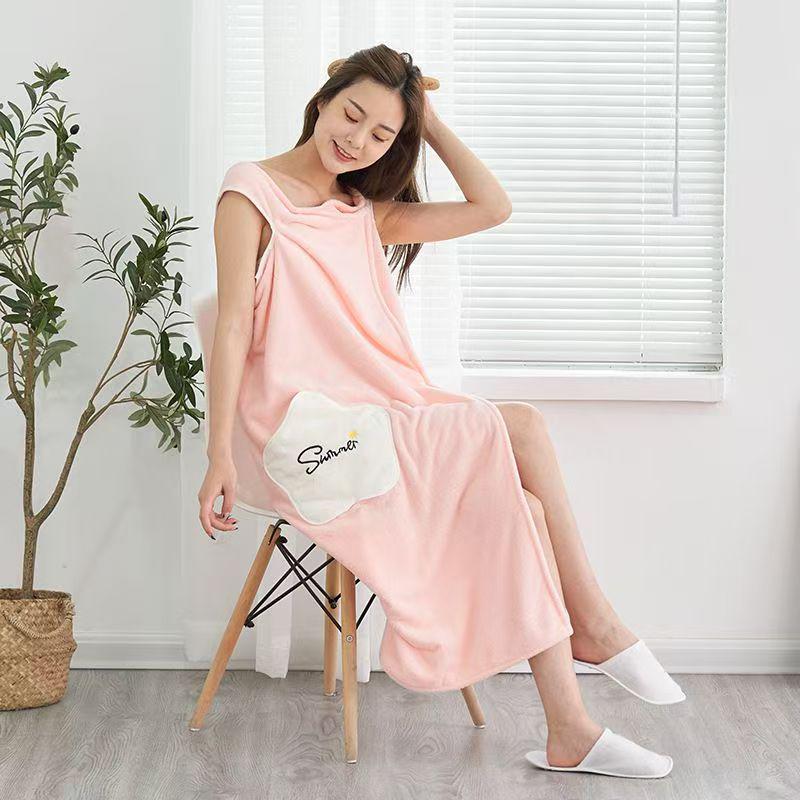 Women's Star Pattern Coral Fleece Bathrobe – Absorbent, Non-Shedding, Wearable or Wrap Towel.