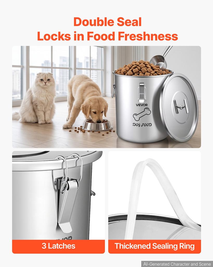 VEVOR Stainless Steel Dog Food Storage Container 8 kg 20 L Dispenser Bin, for Living Room Kitchen, Airtight Lid & Dual Handles
