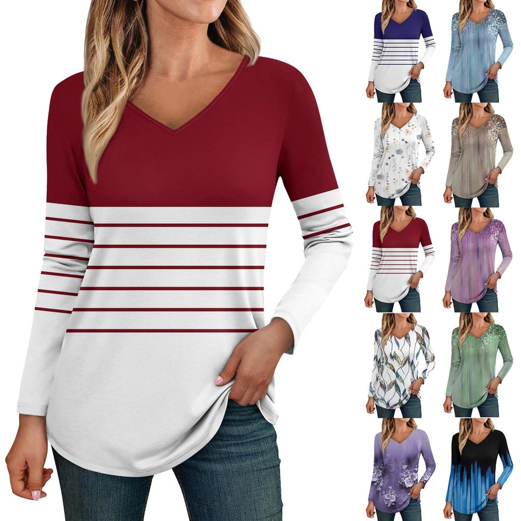 Womens Long Sleeve Tops V Neck Shirts Casual Flower Print Basic Trendy Tee Blouses Fall Tunic Outfits Fitted T Shirts